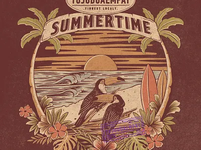 Summer Beach Tropical beach bird illustration design digitalillustration handdrawn illustration outdoor summer summertime sunset tropic tropical tropical leaves tshirt design vacation vintage vintage design