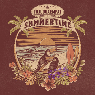 Summer Beach Tropical beach bird illustration design digitalillustration handdrawn illustration outdoor summer summertime sunset tropic tropical tropical leaves tshirt design vacation vintage vintage design