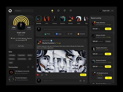 Social Media Platform for Artists activity app art artists chat communication community dashboard feed gallery media platform platform profile social ui web
