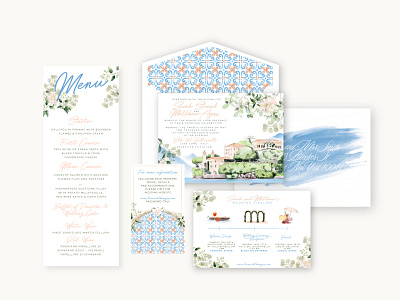 Lake Como Wedding Suite envelope liner illustration pattern procreate typography watercolor wedding invite wedding menu wedding suite