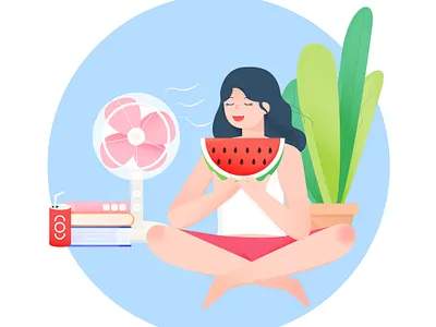 吹着风扇吃西瓜 cute girl illustrations ui vector