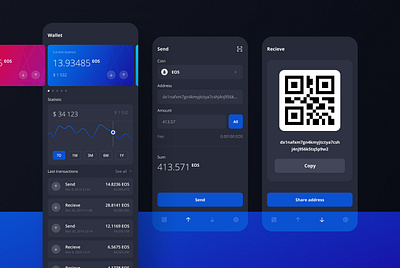 Crypto Wallet bitcoin blue btc crypto crypto wallet cryptocurrency dark darktheme darkui design eos ethereum figma gradient mobile send ui uiux