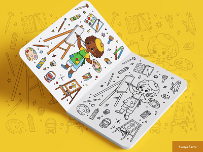 Coloring book for children. Artist girl activity adobe illustrator african artist black and white book cartoon character children coloring cute design education for kids girl illustration page painter profession vector