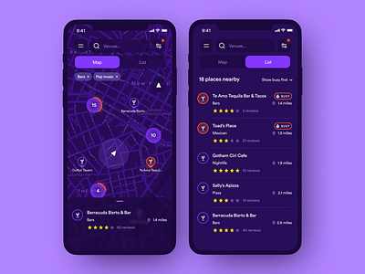 Nightlife venues searching, iOS application app application bar bars clean dark ui design drink interface ios list map mobile night club nightlife places search ui ux venue