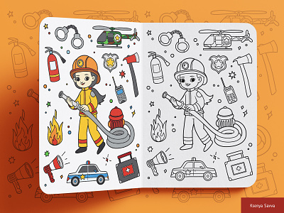 Coloring book for children. Firefighter girl activity adobe illustrator black and white book cartoon character children coloring cute design education fire firefighter for kids girl illustration job page profession vector