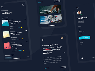 Medium App Redesign - Dark Mode 😊 android app article blog blog app blog design blog post blogger blogging book dark design ios app medium minimal design mobile product design redesign ui ux