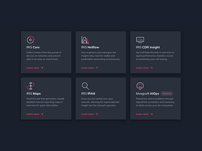 Dark Theme | Card Set dark dark app dark mode dark theme dark ui design icon icon design icon set iconography icons insights ipam maps partner red saas software