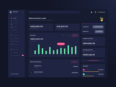 Prospa Dark Mode Dashboard app bank clean dashboard design simplicity ui user experience user interaction ux