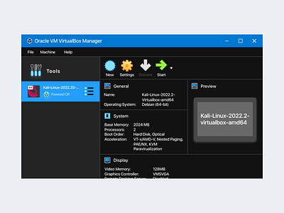 Oracle VMBox [Dark Mode] 2022 accessibility concept dark debian design kali linux machine mode oracle ui ux vector virtual