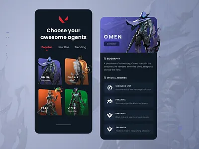 Valorant Agents clean dark dota 2 elegant esport app game game app game mobile app games gaming inspiration minimal minimalist mobile app simple steam app streamer valorant valorant app