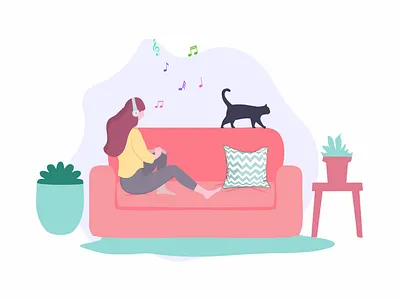Girl Listening To Music adobexd cat clean concept design digital digitaldesign girl graphic design illustration minimal music vector