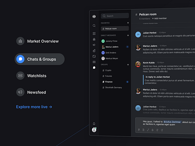 Feature Section Detail – Stocklabs analytics chats dark dark mode feature graphs live demo market minimal modern newsfeed section stocklabs stocks tabs ui ux watchlist web app webdesign