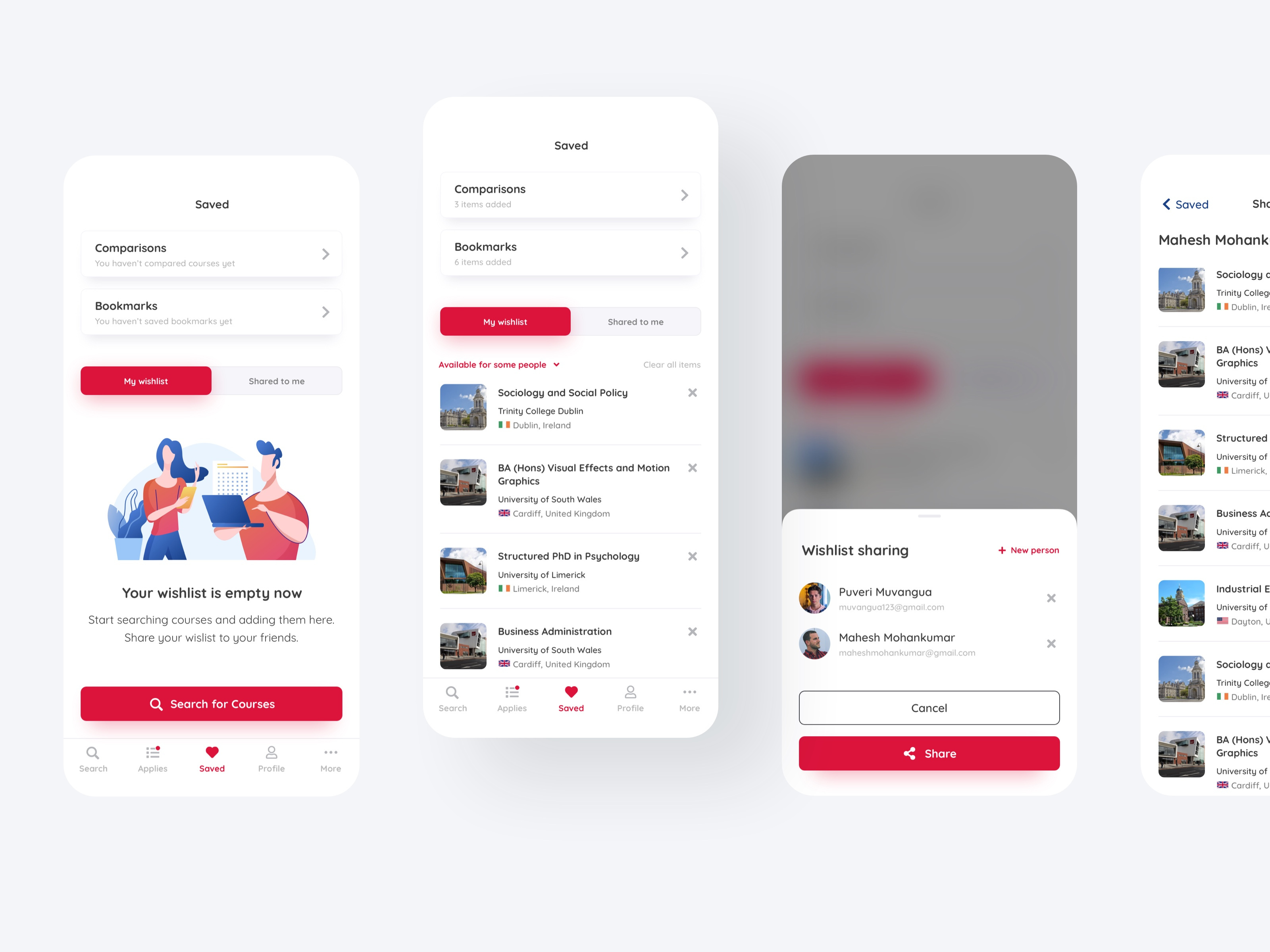 Example of Wishlist, bookmark and compare flows