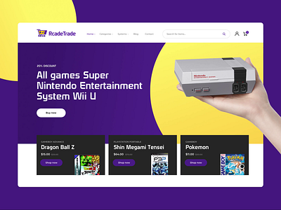 Game Webshop design desktop discount dragonballz fun game game design gameboy gameboy color gamestore homepage ninendo playstation pokemon psp purple trade uxui yellow