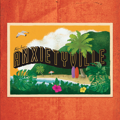 Anxietyville – Front anxiety anxietyville beach design eat pray lose sleep illustration mental health paradise postcard series staycation