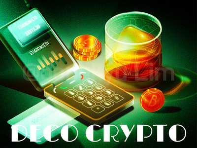 Deco Crypto art deco bitcoin crypto deco flip phone illustration isometric isometric illustration retro retro futurism whiskey