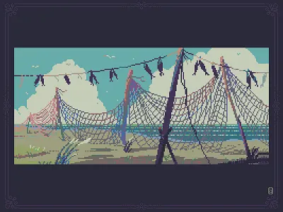 🏝🎣🏝 Drying the fishing nets [pixel-art] 16bit 16bitart 8bit aseprite dotpict game dev gamedev illustration nft nft art pixel art pixelart pixelartwork pixels sprite ドット絵 픽셀아트