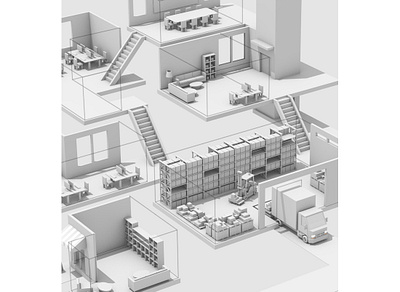 Levels 2d 3d architecture box truck c4d cargo cinema 4d commercial desk illustration levels linework model office render retail sketch and toon stairs steps warehouse