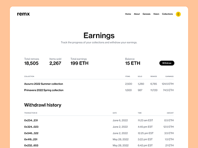 remx earnings design digital wearables ecommerce nfts reporting table typography ui web3 web3 wallet