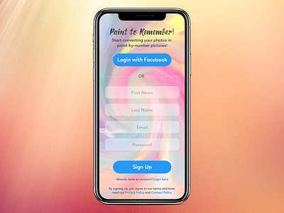 Sign Up Page for Paint by Numbers App app design ui ux