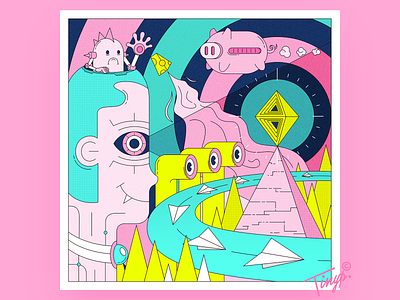 Insight cheese cyan design eye eyes flat illustration flatdesign illustration pig pink robot yellow 寐