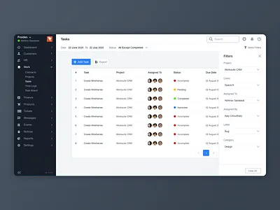 Worksuite Admin Table Filter UI admin dashboard admin panel crm datatable filter ui product design user interface