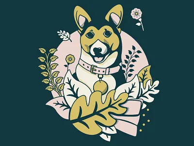 Mylo botanical corgi digital art illustration