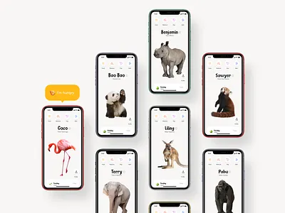 TamaZoo Animals animals animals app app branding chimp design education app elephant feed flamingo flat icon kids panda play red panda rhino tamagotchi ui ux