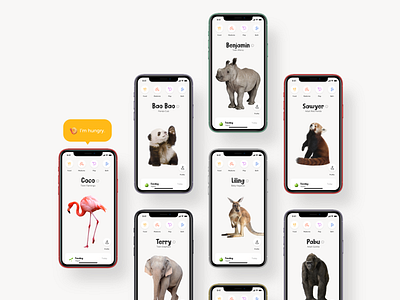 TamaZoo Animals animals animals app app branding chimp design education app elephant feed flamingo flat icon kids panda play red panda rhino tamagotchi ui ux