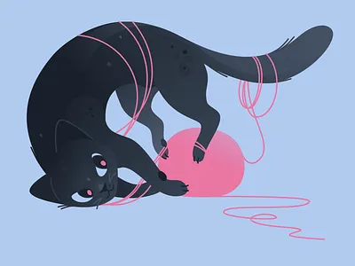 Playful cat vector art animals art artwork ball of threads black blue cat cozy cute design flat illustration kitten kitty pink