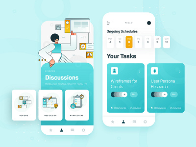 Collaboration Platform Startup UI/UX 2 2d business calendar character clean collaboration design flat icon illustration list mobile modern productivity startup teal team teamwork technology vector