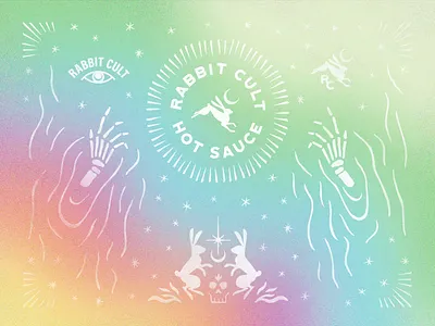 Rabbit Cult Hot Sauce badge branding cult fire gradient greenville hand drawn holo hot sauce identity logo occult potion rabbit rainbow stars typography witch