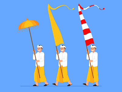 Balinese Boys Carry Long Flag And Umbrella bali balinese ceremony indonesia nyepi vector