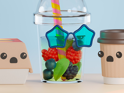 Summer drink 3d berry blender cgi character coffee cycles design drink glasses graphic design highpoly illustration juicy lowpoly render strawberry stroke summer web