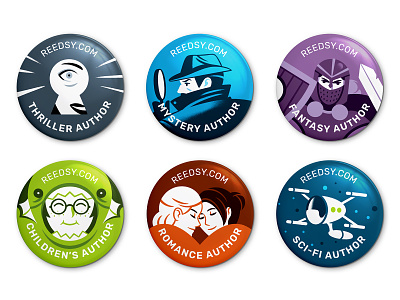 Reedsy's Genre Badges badge branding character childrens design fantasy genre illustration literary mystery promo reedsy thriller