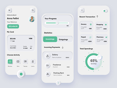 banking mobile app @application @apps @banking @business @clean @daily ui @design @finance @fintech @interface @money @neumorphic @product @spendings @style @transactions @ui @uiux design @user experience