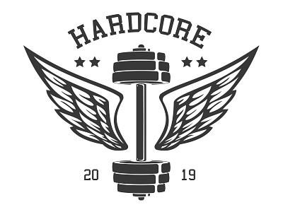 Hardcore gym print art badge brand branding design draw dumbbell emblem fitness graphic gym logo minimal print sketch sport t shirt vector vintage