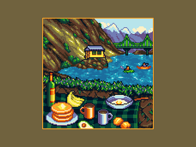 Camping 16bit background coffee enviroment game art game design gaming illustration landscape mountains nature nature art nature illustration pancakes picnic pixel art pixel nature pixel picnic pixelart wine