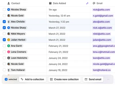 Attio – Bulk Action Sheet action sheet badge bulk bulk edit clean collection crm editor email sending items light minimal modern selection sleek table ui user experience ux