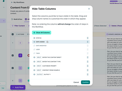 copy.ai Hide Table Columns Modal ai app b2b column copyai customize date hide hover minimal modal overlay saas show table tag ui user view web