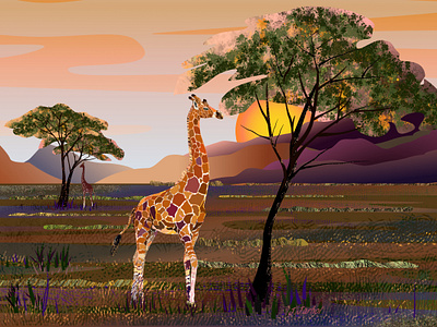 Sunset in the savannah 🌅 book illustration digital art digital illustration digital painting giraffe giraffes illustration landscape illustration magazine illustration mural muralart patterns poster poster art savanna savannah sunset travel illustration vector art vector illustration