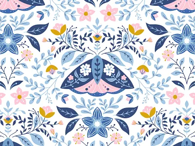 Moth folk art pattern - 2 blue butterfly floral floral pattern flowers folkart folklore illustration insect moth ornament summer symmetry vector