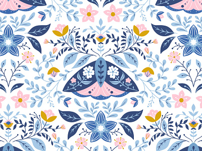 Moth folk art pattern - 2 blue butterfly floral floral pattern flowers folkart folklore illustration insect moth ornament summer symmetry vector