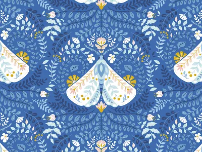 Moth folk art pattern background blue butterfly fabric folk art illustration insect moth ornate pattern seamless textile vector wallpaper