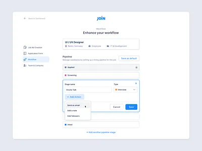 Automated Actions – Workflow automation clean hiring interaction job creation join light management minimal modern pipeline sleek stages ui usability user experience ux workflow