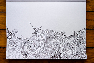 Under the Sea black and white boat drawn illustration lines nautical ocean ocean life palkev pen and ink sea sketchbook under the sea waves