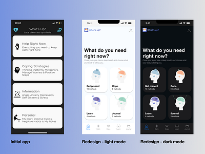 Mental health home screen app redesign app dark theme design ios mental health mobile redesign ui ux