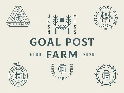 Goal Post Farm Elements badge branding farm fruit icon letters lockup logo mississippi monogram patch sun system tree typography