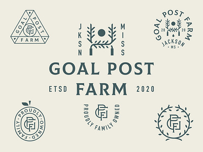 Goal Post Farm Elements badge branding farm fruit icon letters lockup logo mississippi monogram patch sun system tree typography