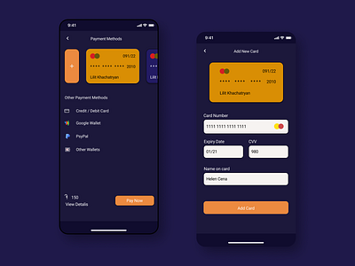 Wallet app bank card design orange payment ui ux wallet